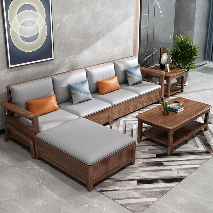 Sofá de teca de madera maciza de 7 asientos Set de salón modular con tapicería de cuero 3