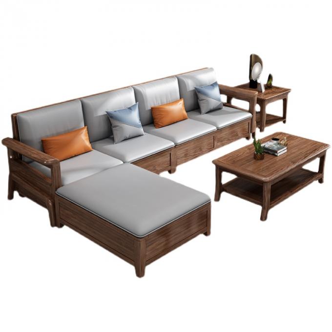 Sofá de teca de madera maciza de 7 asientos Set de salón modular con tapicería de cuero 4