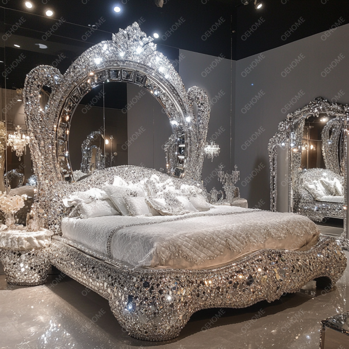 Últimos diseños de muebles de dormitorio, cama tapizada con espejo de lujo con diamantes de cristal, tamaño King/Queen para hoteles y villas 3