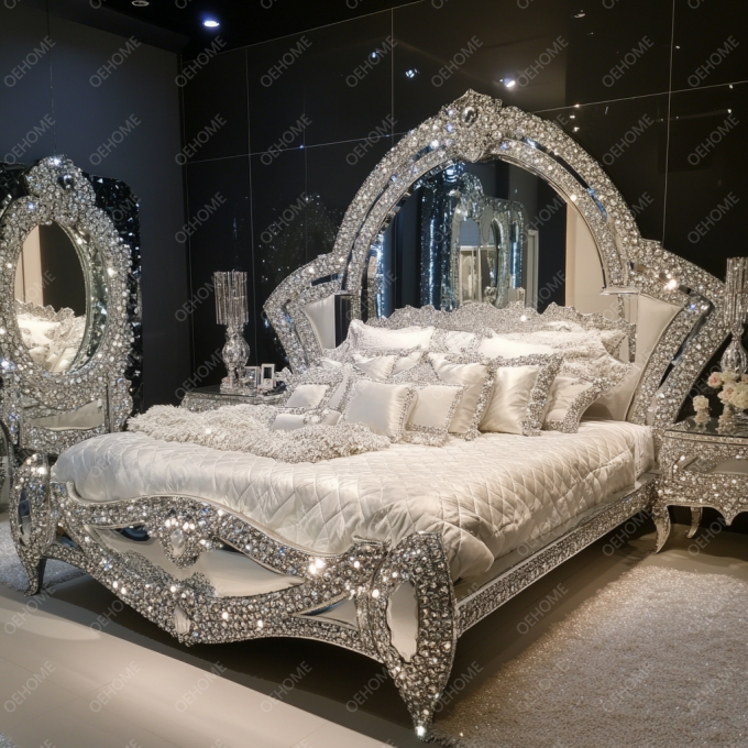 Últimos diseños de muebles de dormitorio, cama tapizada con espejo de lujo con diamantes de cristal, tamaño King/Queen para hoteles y villas 4