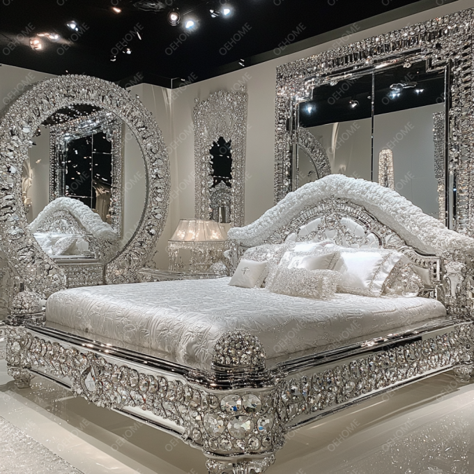 Últimos diseños de muebles de dormitorio, cama tapizada con espejo de lujo con diamantes de cristal, tamaño King/Queen para hoteles y villas 5