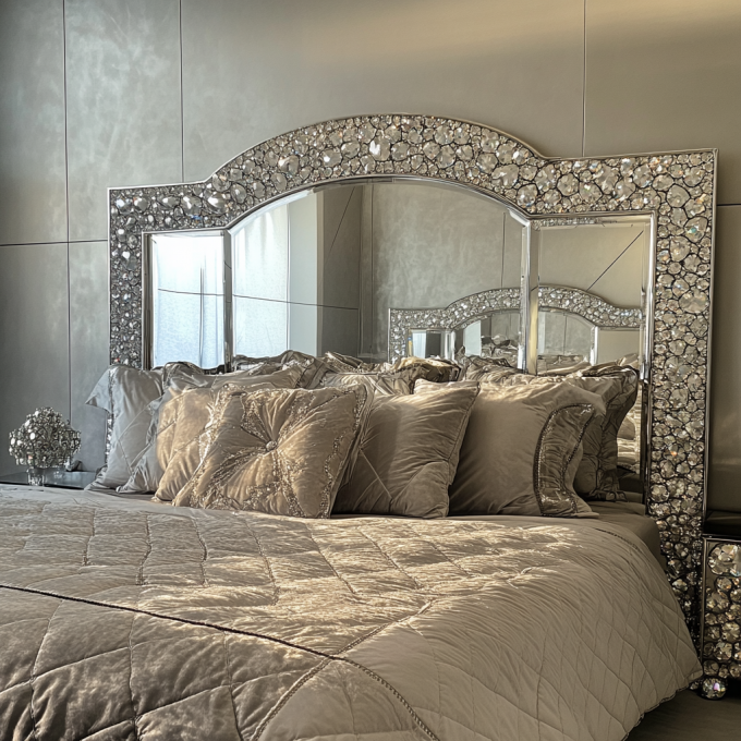 Últimos diseños de muebles de dormitorio, cama tapizada con espejo de lujo con diamantes de cristal, tamaño King/Queen para hoteles y villas 6