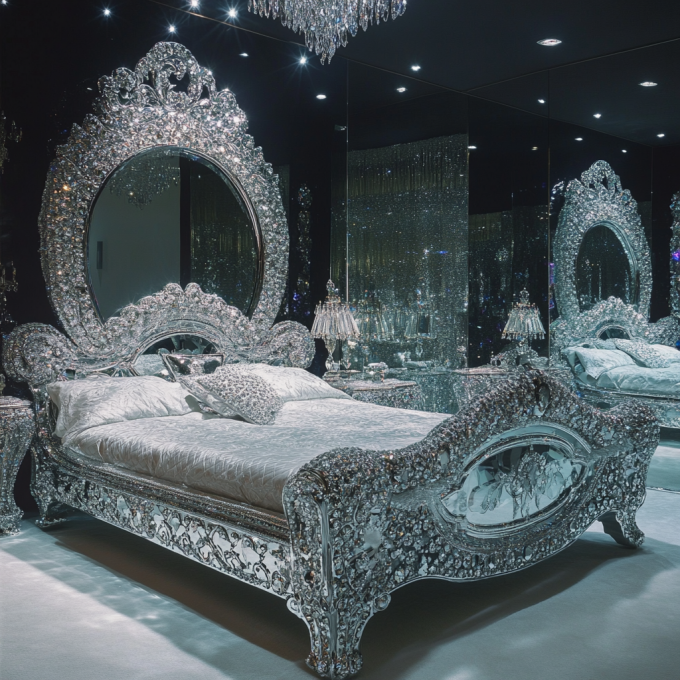 Últimos diseños de muebles de dormitorio, cama tapizada con espejo de lujo con diamantes de cristal, tamaño King/Queen para hoteles y villas 7