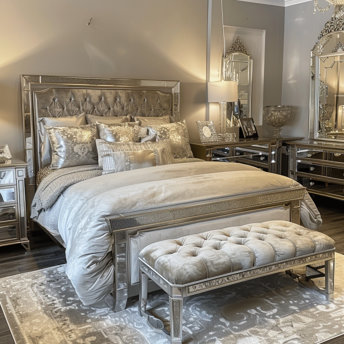 Juego de dormitorio específico con espejo, estilo moderno, cama tamaño queen, muebles con diseño contemporáneo 0