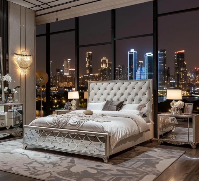 Juego de dormitorio específico con espejo, estilo moderno, cama tamaño queen, muebles con diseño contemporáneo 2