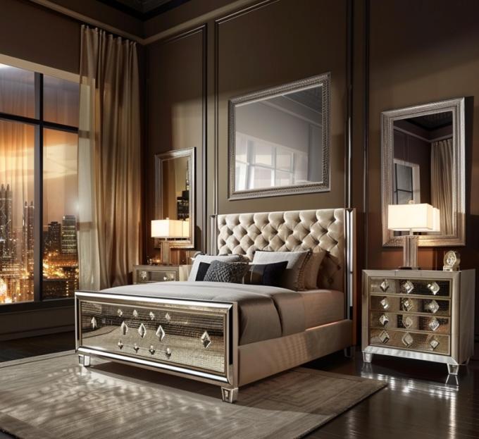 Juego de dormitorio específico con espejo, estilo moderno, cama tamaño queen, muebles con diseño contemporáneo 1