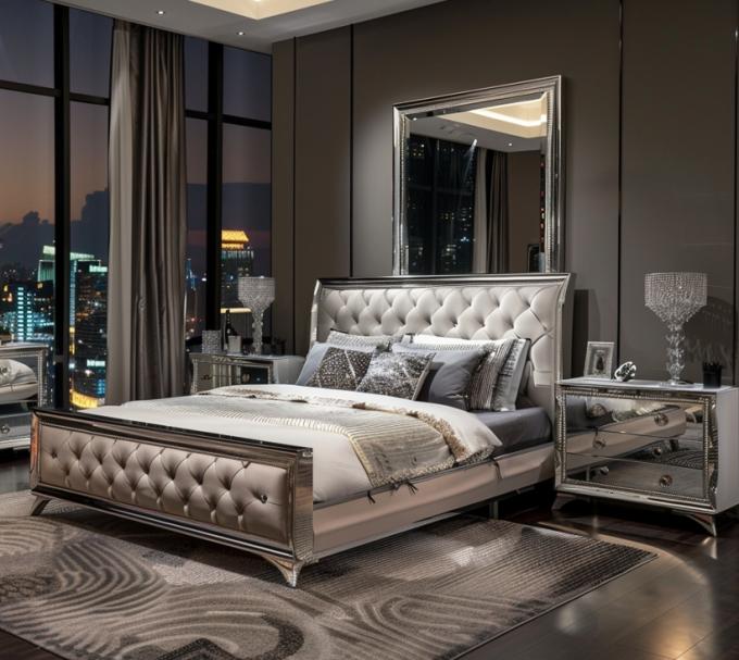 Juego de dormitorio específico con espejo, estilo moderno, cama tamaño queen, muebles con diseño contemporáneo 4
