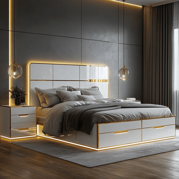 Cama de madera ajustable de diseño moderno de tamaño queen para el lujo italiano Royal Mirrored King Bedroom Set en casa o habitación de hotel 1