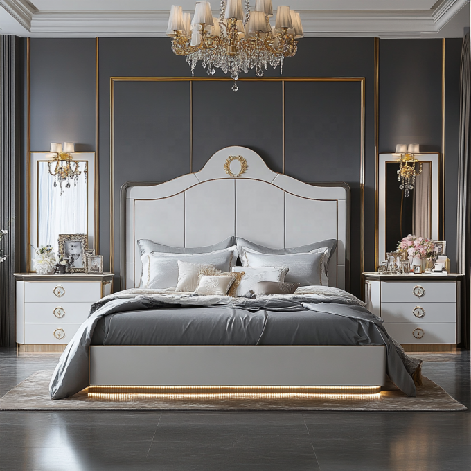 Cama de madera ajustable de diseño moderno de tamaño queen para el lujo italiano Royal Mirrored King Bedroom Set en casa o habitación de hotel 2