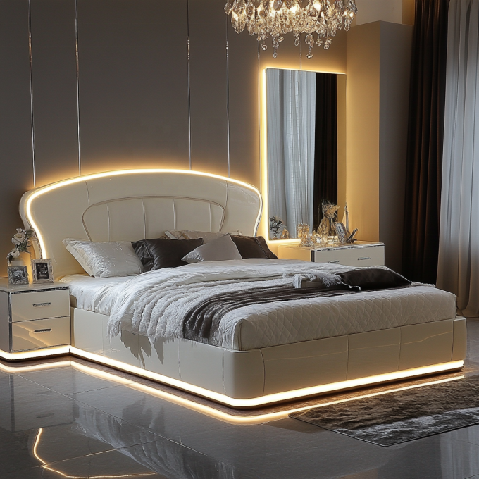 Cama de madera ajustable de diseño moderno de tamaño queen para el lujo italiano Royal Mirrored King Bedroom Set en casa o habitación de hotel 3