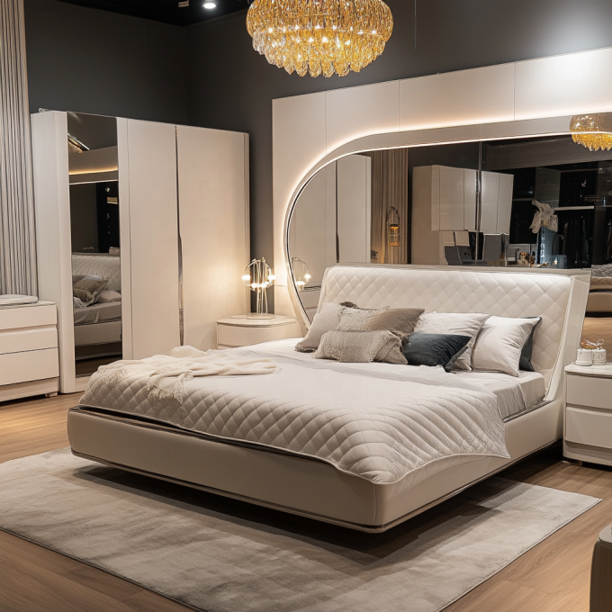 Cama de madera ajustable de diseño moderno de tamaño queen para el lujo italiano Royal Mirrored King Bedroom Set en casa o habitación de hotel 4