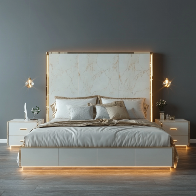 Cama de madera ajustable de diseño moderno de tamaño queen para el lujo italiano Royal Mirrored King Bedroom Set en casa o habitación de hotel 5