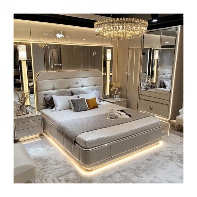 Cama de madera ajustable de diseño moderno de tamaño queen para el lujo italiano Royal Mirrored King Bedroom Set en casa o habitación de hotel 6