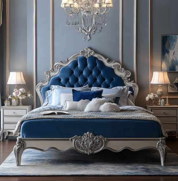 Elegante juego de muebles de dormitorio clásico con cabecero con espejo tamaño king y material MDF moderno 2