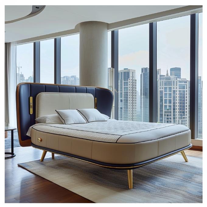 Cama doble principal de cuero moderno Hall, cama de madera maciza con almacenamiento, estructura de cama de cuero italiano para muebles de hogar, hotel y apartamento 2