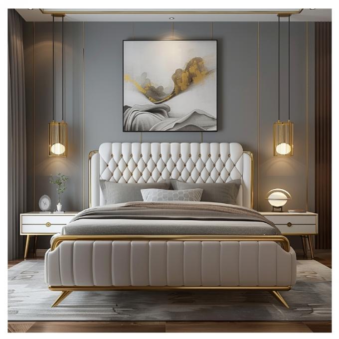 Cama doble principal de cuero moderno Hall, cama de madera maciza con almacenamiento, estructura de cama de cuero italiano para muebles de hogar, hotel y apartamento 4