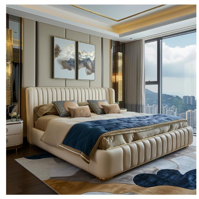 Cama doble principal de cuero moderno Hall, cama de madera maciza con almacenamiento, estructura de cama de cuero italiano para muebles de hogar, hotel y apartamento 5