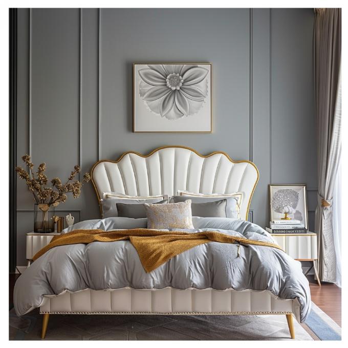 Cama doble principal de cuero moderno Hall, cama de madera maciza con almacenamiento, estructura de cama de cuero italiano para muebles de hogar, hotel y apartamento 6