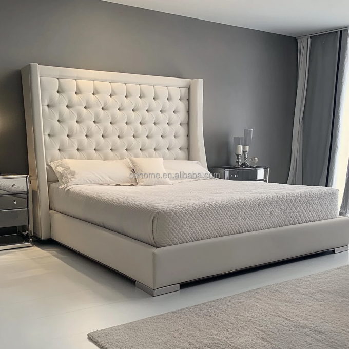 Cama doble de madera gris de tamaño queen / king con botones de espejo inspirada en el presidente y el diseño moderno. 1