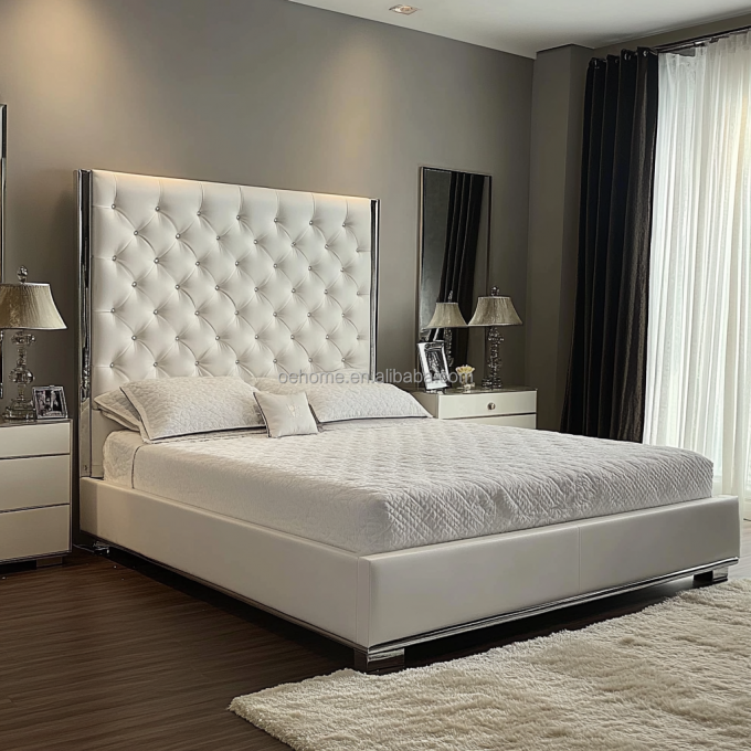 Cama doble de madera gris de tamaño queen / king con botones de espejo inspirada en el presidente y el diseño moderno. 2