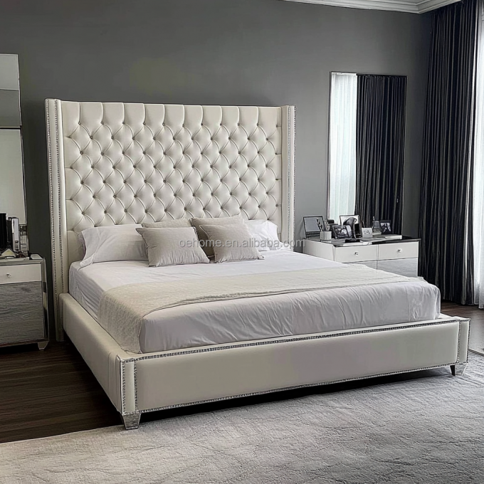Cama doble de madera gris de tamaño queen / king con botones de espejo inspirada en el presidente y el diseño moderno. 3
