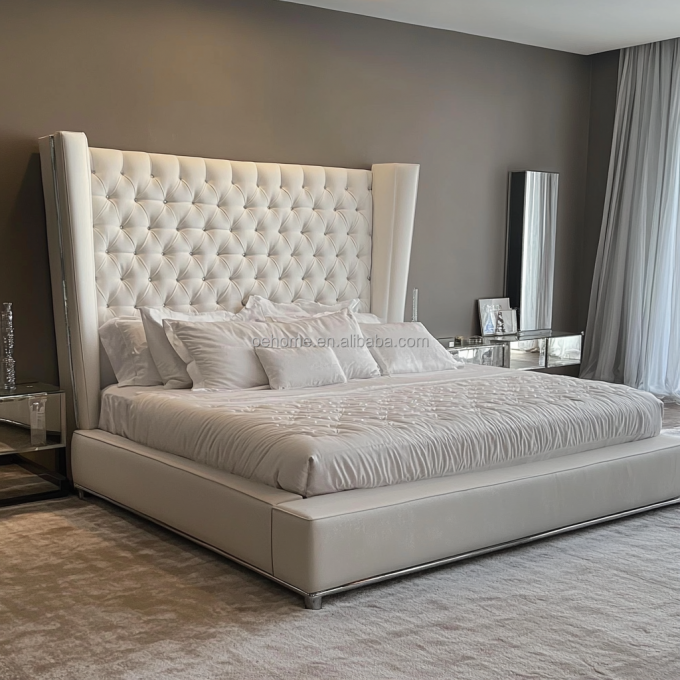 Cama doble de madera gris de tamaño queen / king con botones de espejo inspirada en el presidente y el diseño moderno. 4