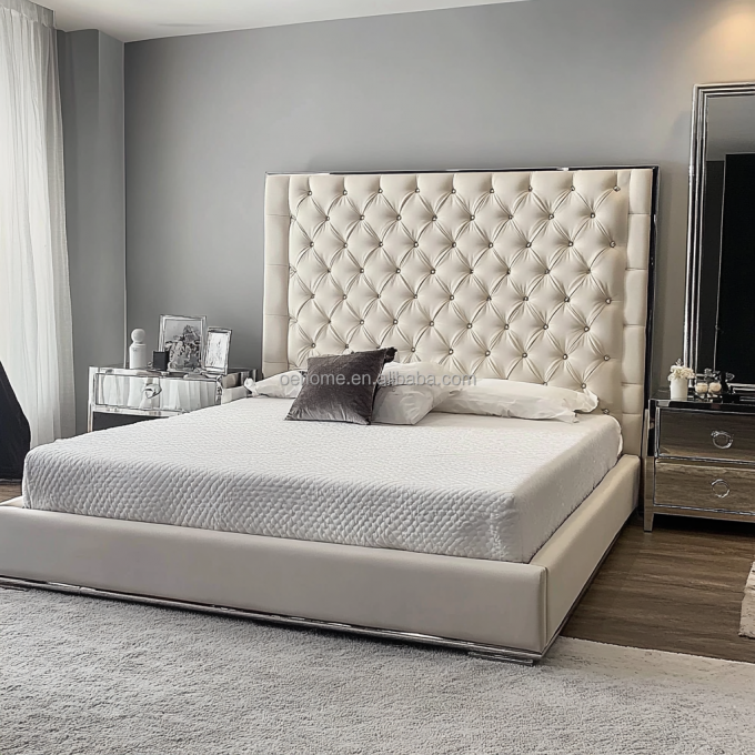 Cama doble de madera gris de tamaño queen / king con botones de espejo inspirada en el presidente y el diseño moderno. 5