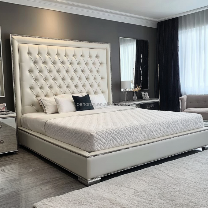 Cama doble de madera gris de tamaño queen / king con botones de espejo inspirada en el presidente y el diseño moderno. 6