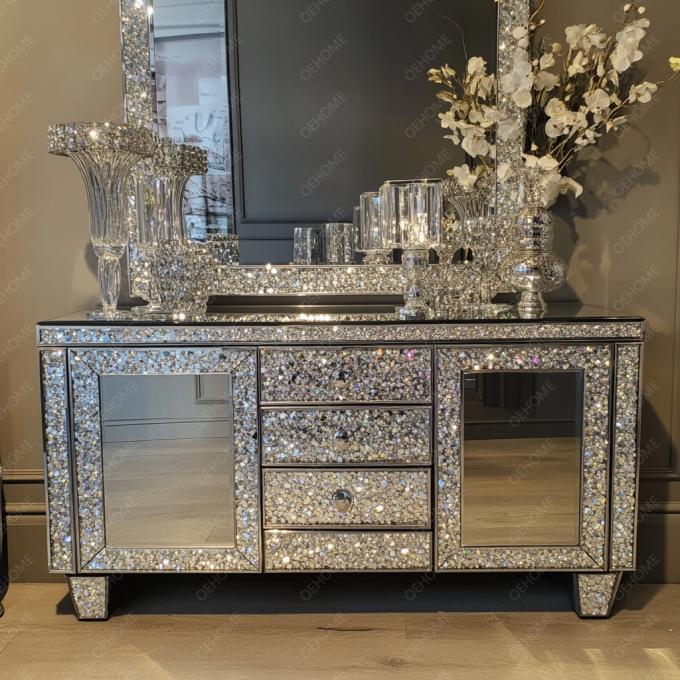 Mueble de TV funcional y función de almacenamiento en panel de madera para muebles modernos plateados con espejo de cristal en sala de estar y dormitorio 4