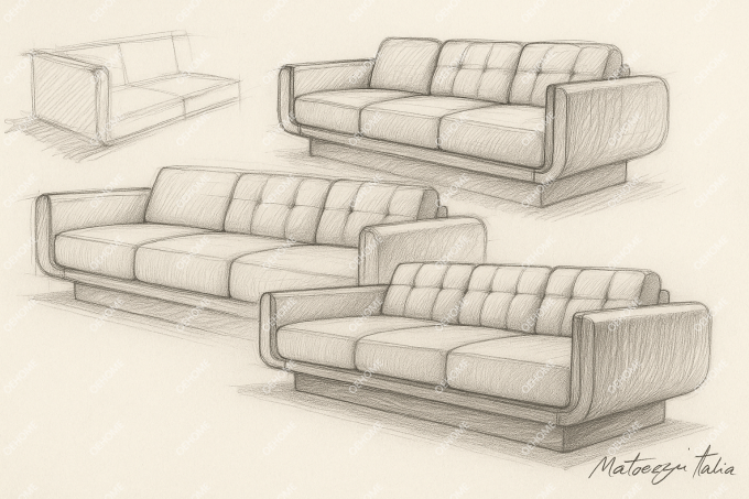Habitación minimalista de estilo europeo, moderno, con piernas de madera, sofá Chesterfield con color personalizado y diseño de lujo. 1