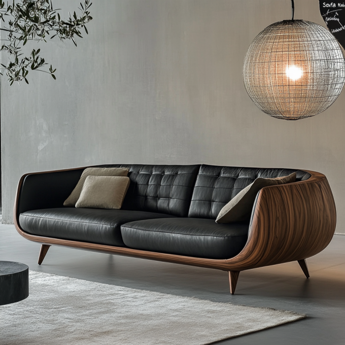 Sofá seccional de madera elegante con extremo, diseño italiano moderno para sala de estar, juego de villa con cuero genuino de lujo y muebles 1
