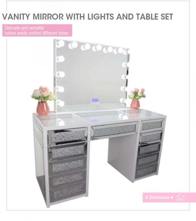 Moderno diseño de la mesa de maquillaje de roble con luminoso armario de espejos de la vanidad escritorio y almacenamiento 5