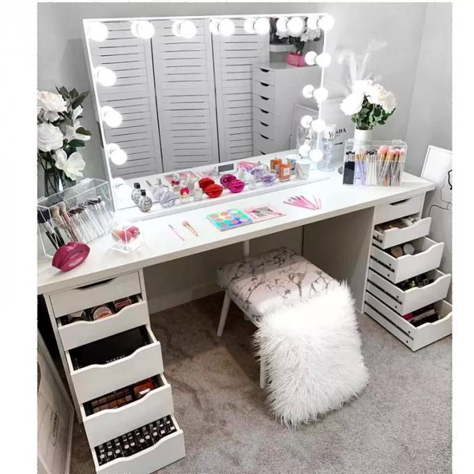 Moderno diseño de la mesa de maquillaje de roble con luminoso armario de espejos de la vanidad escritorio y almacenamiento 11
