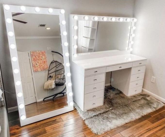 Moderno diseño de la mesa de maquillaje de roble con luminoso armario de espejos de la vanidad escritorio y almacenamiento 17