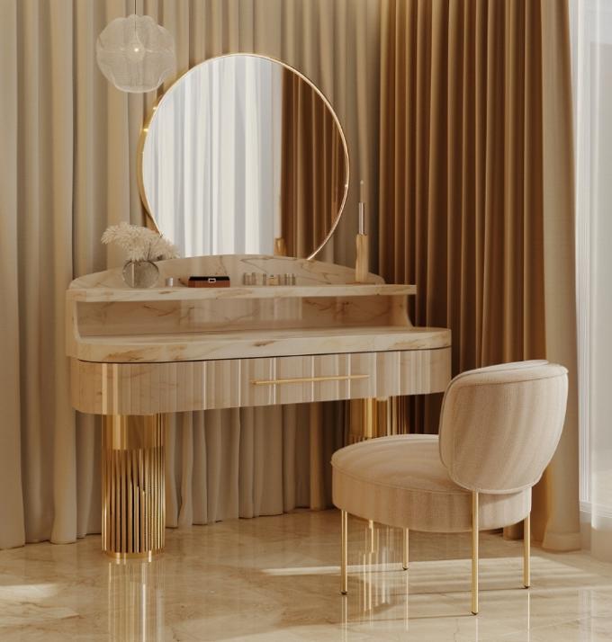 Juego de dormitorio de lujo moderno con muebles funcionales, ropa de cama y tocadores de cerámica de cuero y mármol con tapa chapada en oro 2