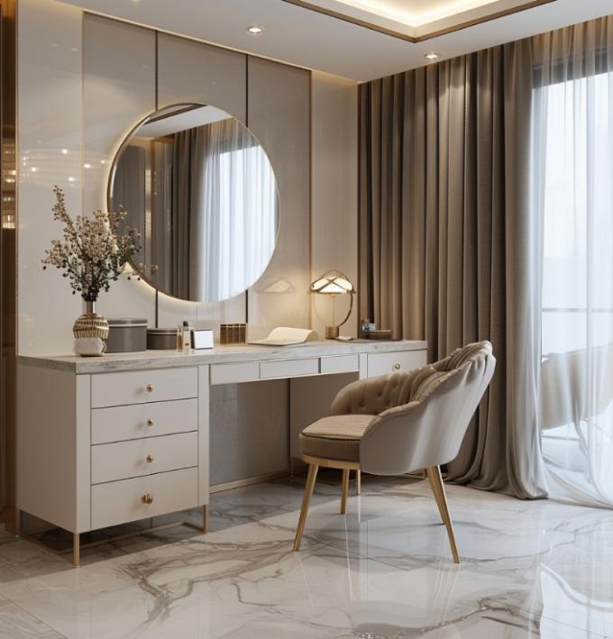 Juego de dormitorio de lujo moderno con muebles funcionales, ropa de cama y tocadores de cerámica de cuero y mármol con tapa chapada en oro 6
