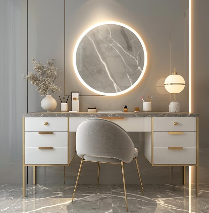 Funcional Moderno de madera nórdica Multifuntcional de las damas de la mesa de la vanidad en el dormitorio con luz led maquillaje Espejo de almacenamiento 5