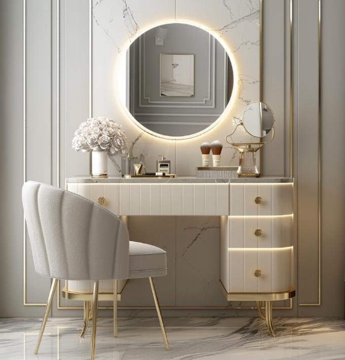 Funcional Moderno de madera nórdica Multifuntcional de las damas de la mesa de la vanidad en el dormitorio con luz led maquillaje Espejo de almacenamiento 6