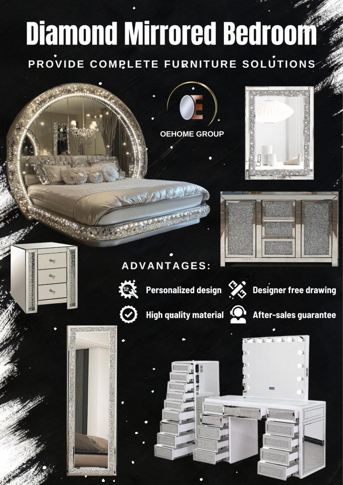 Juego de dormitorio King-Size de lujo moderno con espejo de madera maciza y marco de diamante para el hogar, villa, dormitorio y sala de estar 1