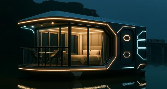 Dormitorio de lujo, sala de estar, moderno, prefabricado, inteligente, cápsula espacial pequeña, casa modular móvil de contenedores, hotel 9