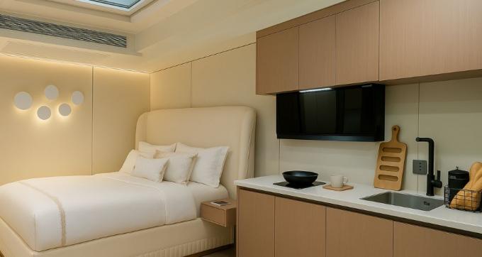 Dormitorio de lujo, sala de estar, moderno, prefabricado, inteligente, cápsula espacial pequeña, casa modular móvil de contenedores, hotel 8