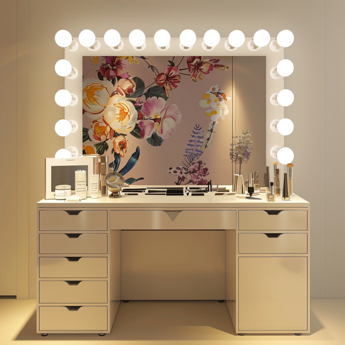 Espejo de Maquillaje con Luces LED y Marco Metálico con Pantalla Táctil, 15 Bombillas 10