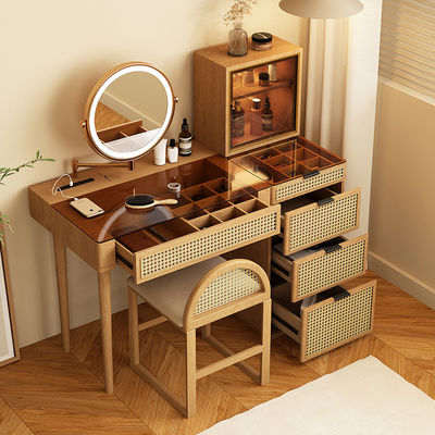 Maquillaje de la esquina de madera sólida Set de vanidad Mesa de vestir Espejo giratorio