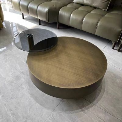 Vidrio templado Oro Metal Mesa de café redonda Forma de tambor contemporáneo