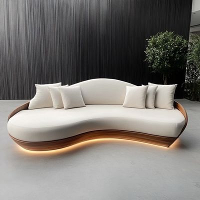 Mueble de doble asiento con respaldo capitoné, sofá blanco, sofá de amor con cojín de tela de círculo lunar de madera, imprescindible para hoteles