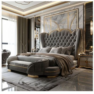 Cama doble principal de cuero moderno Hall, cama de madera maciza con almacenamiento, estructura de cama de cuero italiano para muebles de hogar, hotel y apartamento