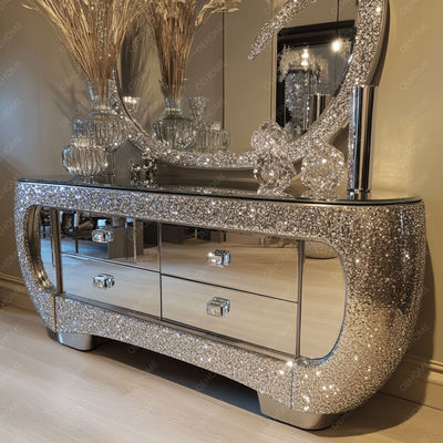 Mueble de TV funcional y función de almacenamiento en panel de madera para muebles modernos plateados con espejo de cristal en sala de estar y dormitorio