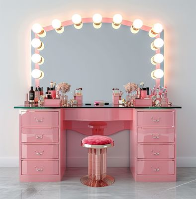 Conjunto de maquillaje de dormitorio con espejo iluminado con luz LED Mesa de vanidad con cajones y estantes de almacenamiento ajustables en rosa