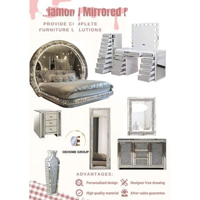Juego de dormitorio King-Size de lujo moderno con espejo de madera maciza y marco de diamante para el hogar, villa, dormitorio y sala de estar