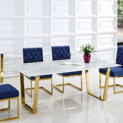 Mesa de comedor de mármol contemporáneo de color blanco, altura del contador, piernas metálicas de acero inoxidable